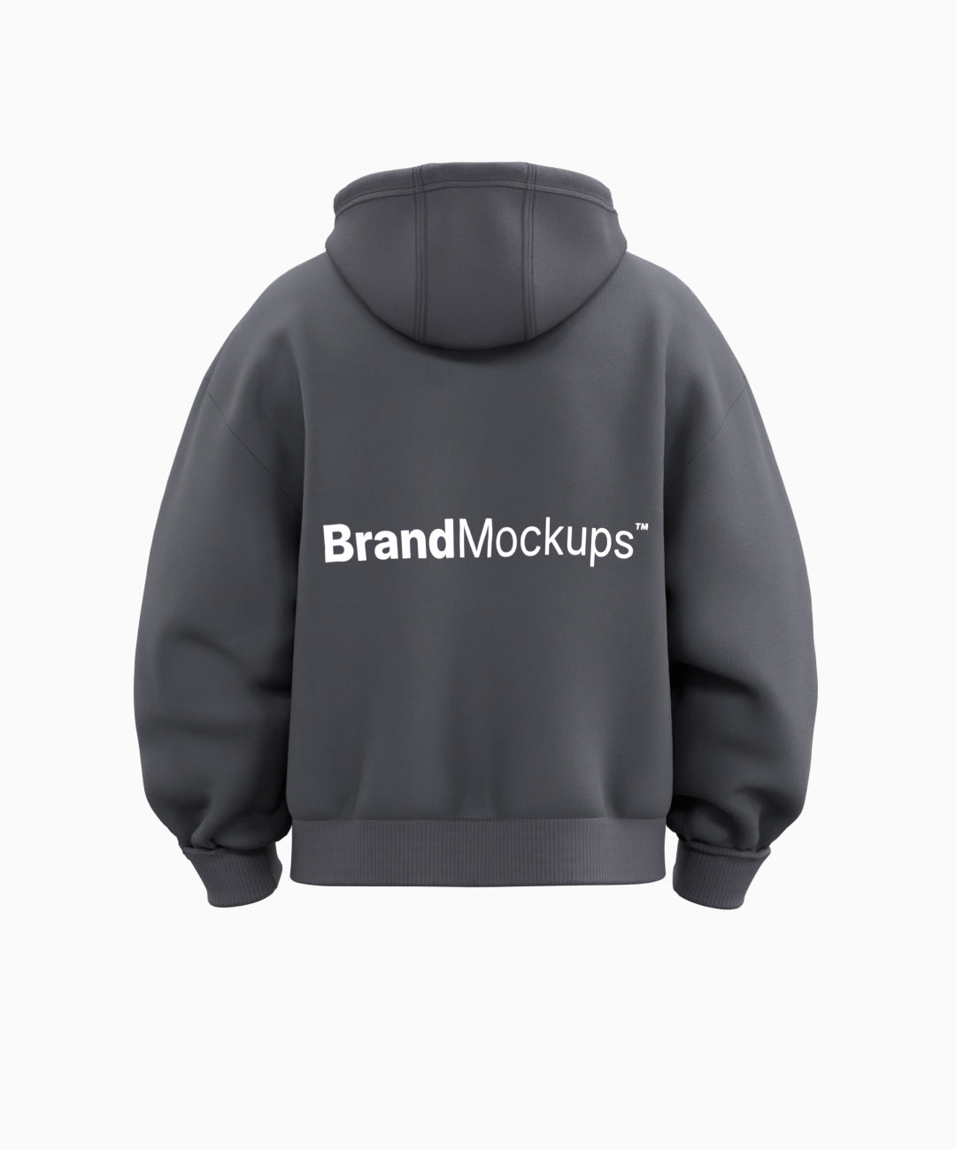 Gray hoodie with 'Brand Mockups' text on the back against a white background