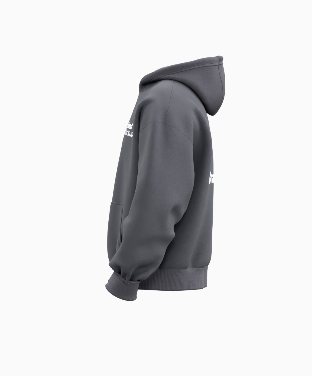 Gray hoodie with white branding on a white background