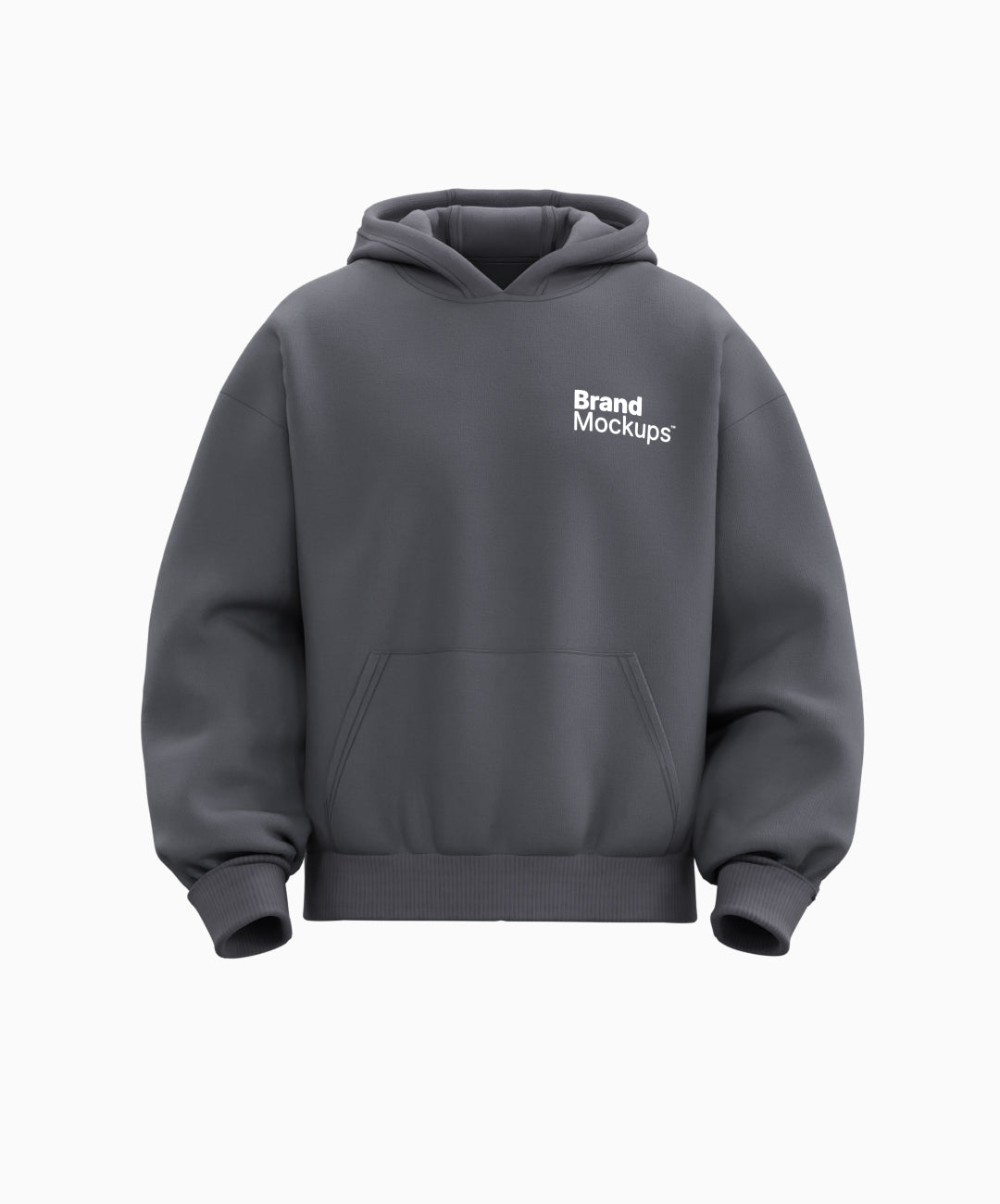 Gray hoodie with 'Brand Mockups' text on a white background