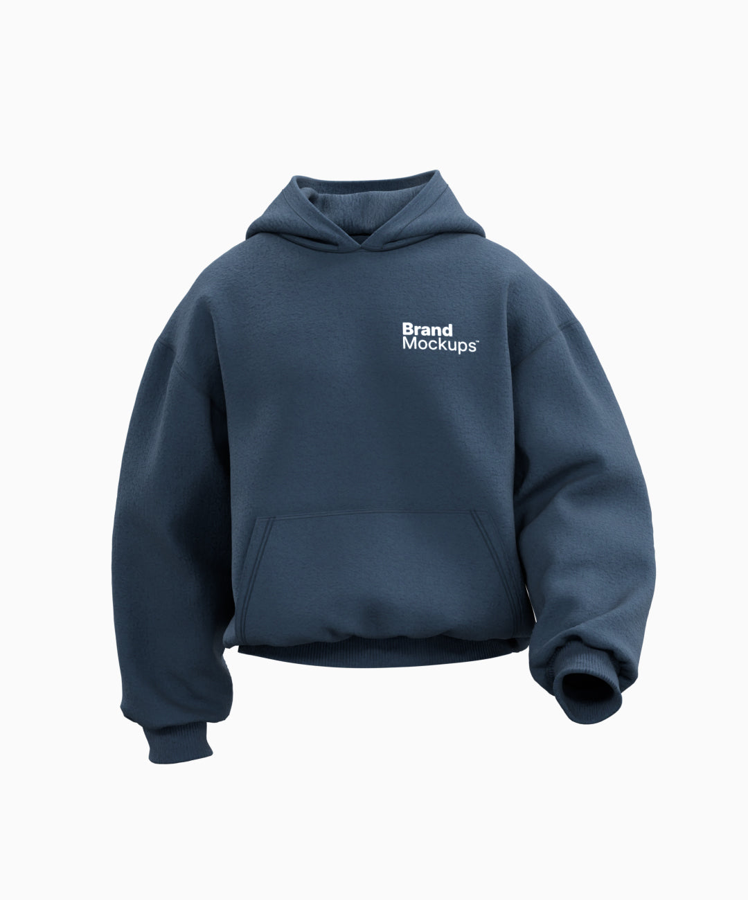 Navy blue hoodie with 'Brand Mockups' text on a white background