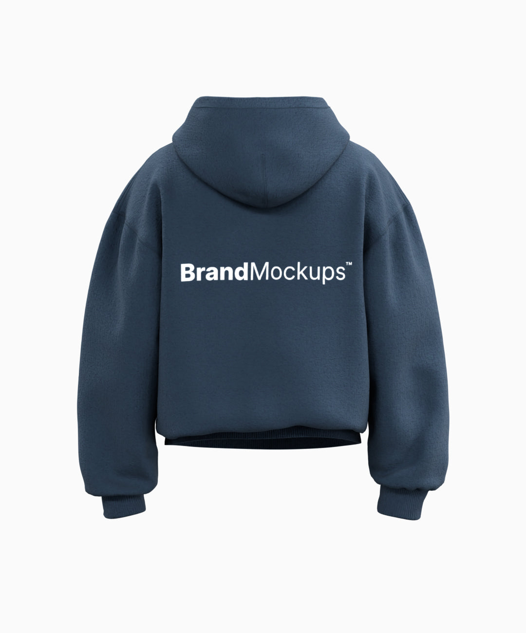 Navy blue hoodie with 'Brand Mockups' text on the back against a white background