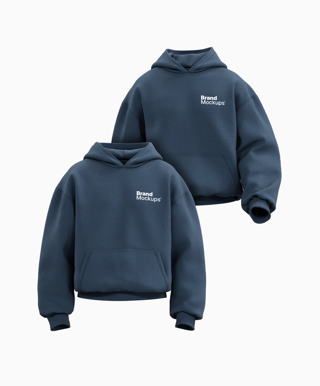 Two navy blue hoodies with 'Brand Mockups' text on a white background
