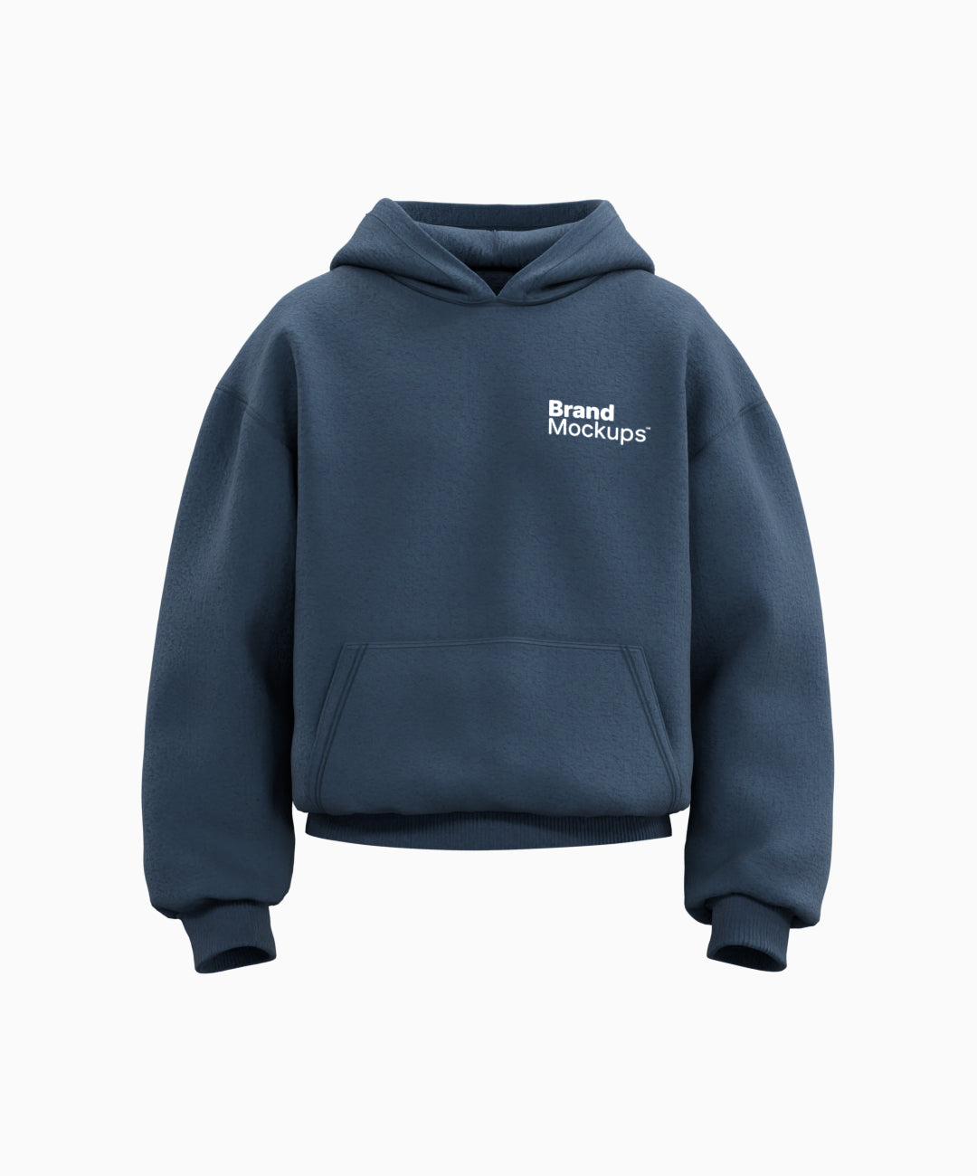 Navy blue hoodie with 'Brand Mockups' text on a white background