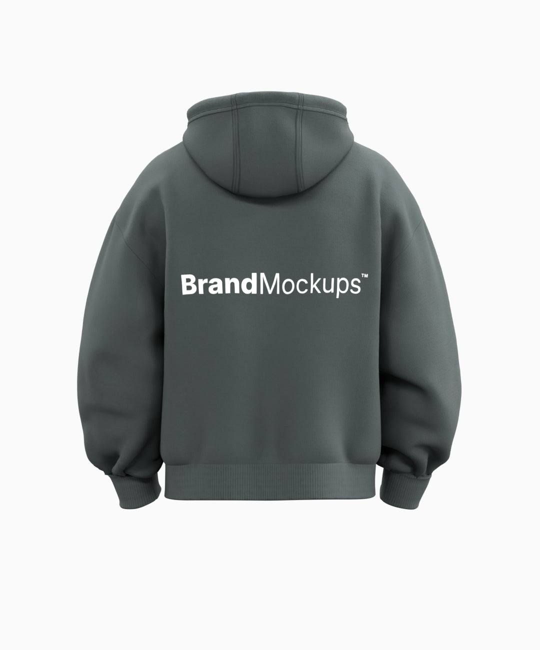 Gray hoodie with 'Brand Mockups' text on the back against a white background