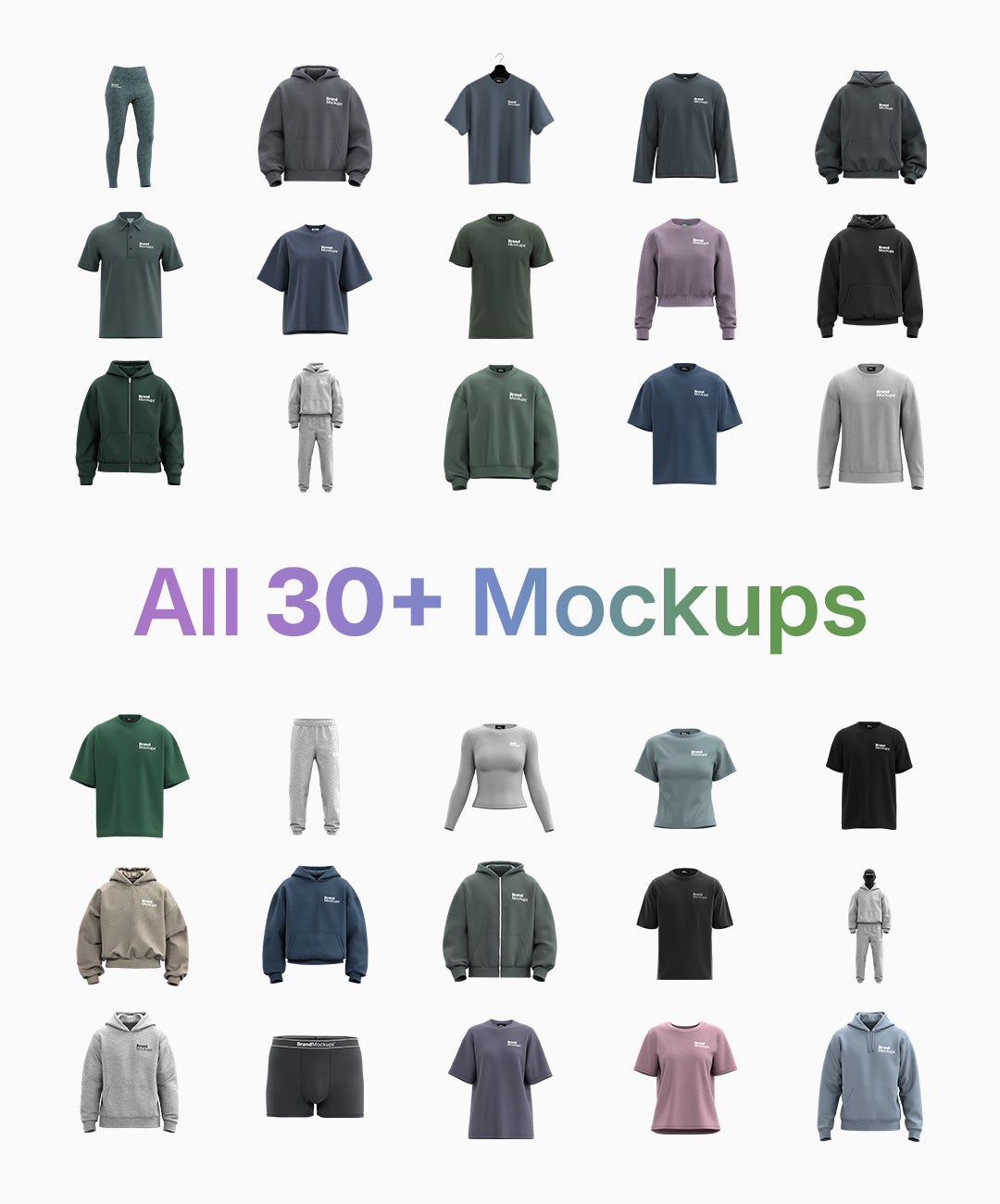 Collection of clothing mockups in various colors on a white background with text 'All 30+ Mockups'.