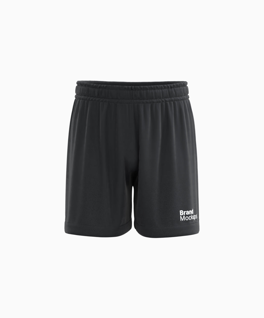 Black shorts with brand mockup text on a white background