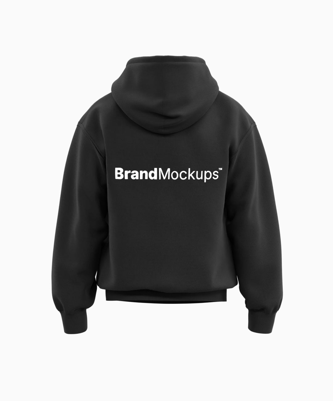 Black hoodie with 'Brand Mockups' text on the back against a white background
