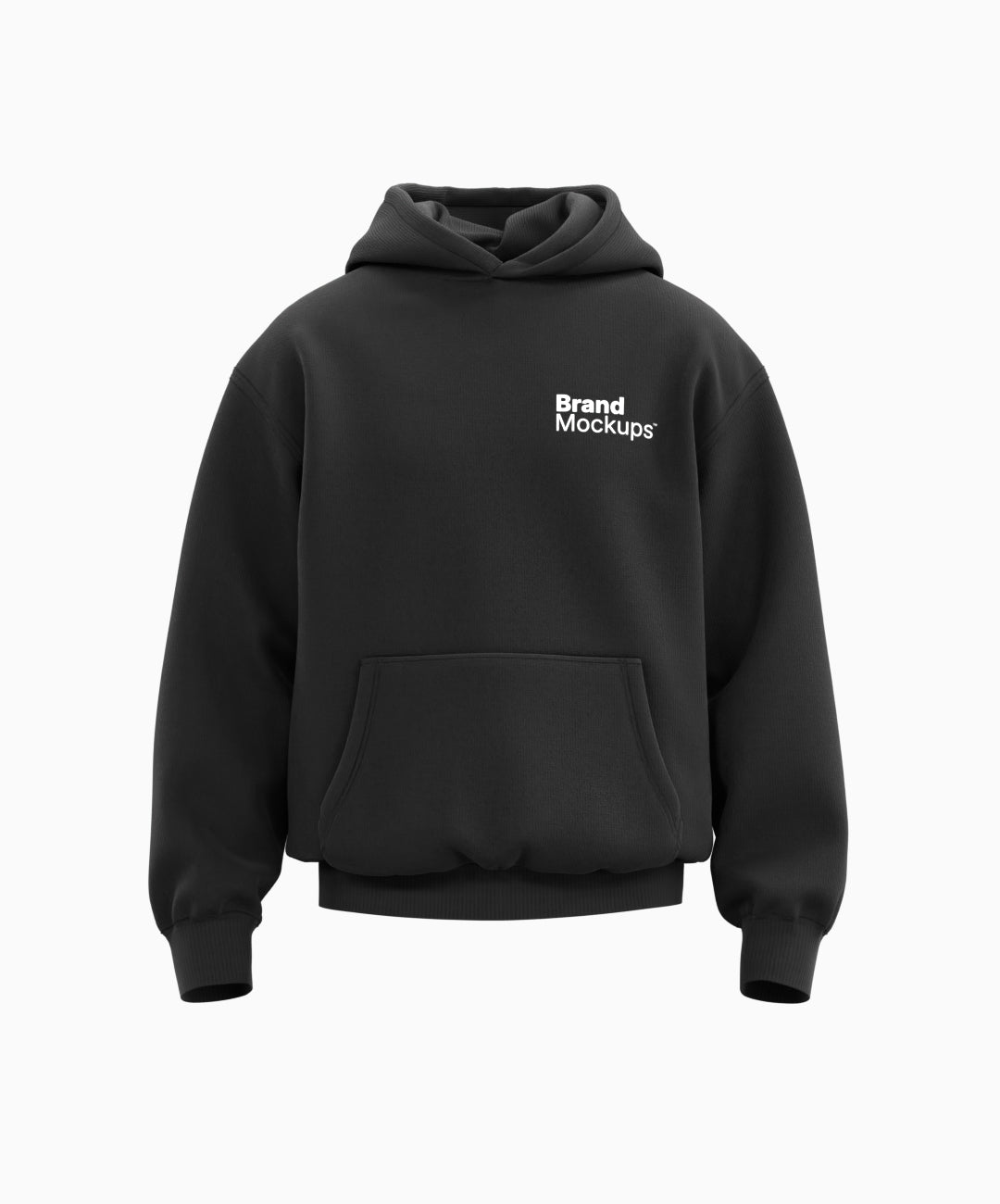Black hoodie with 'Brand Mockups' text on a white background