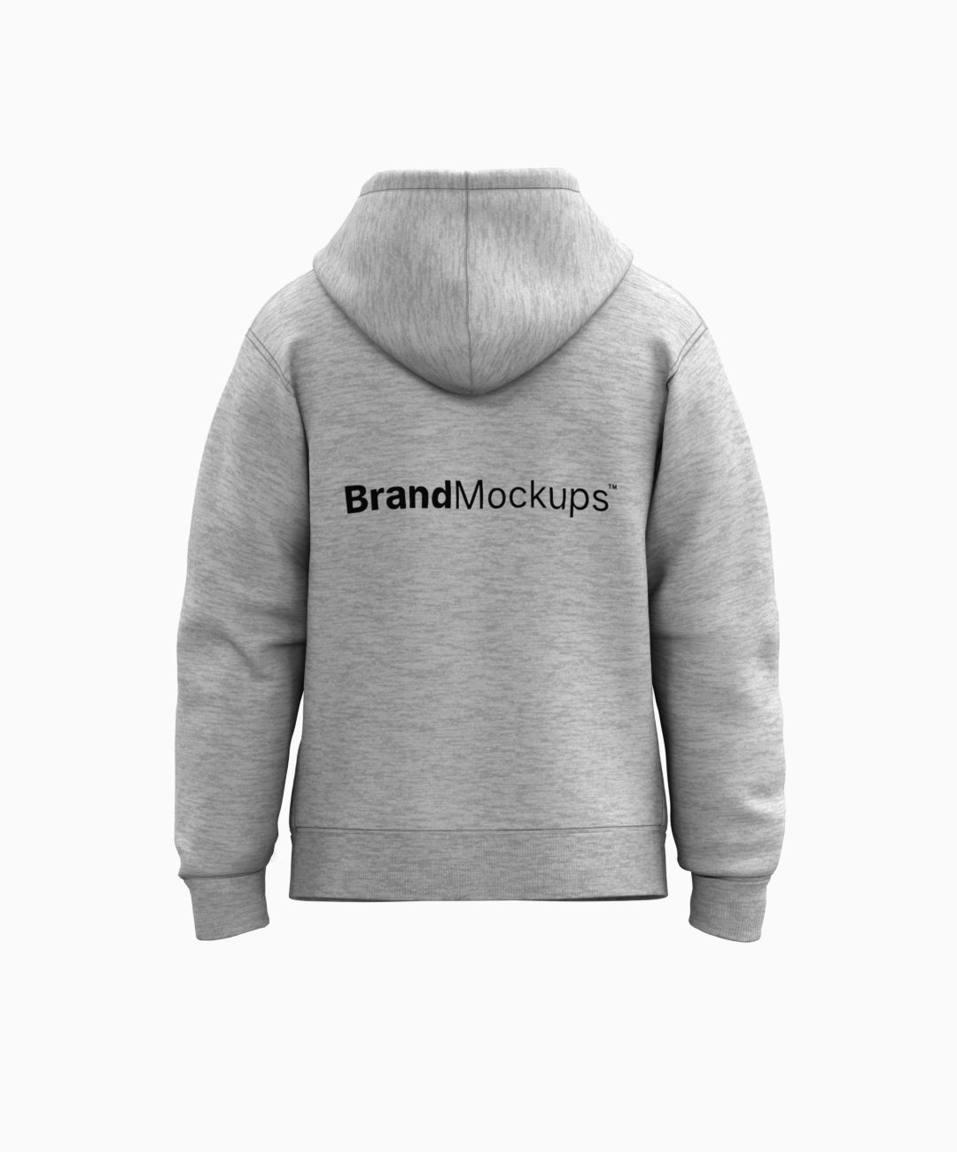 Gray hoodie with 'Brand Mockups' text on the back against a white background