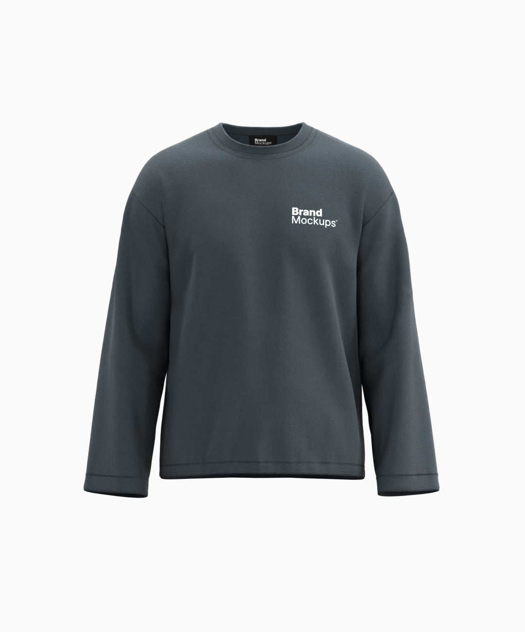 Gray long-sleeve shirt with 'Brand Mockups' text on a white background