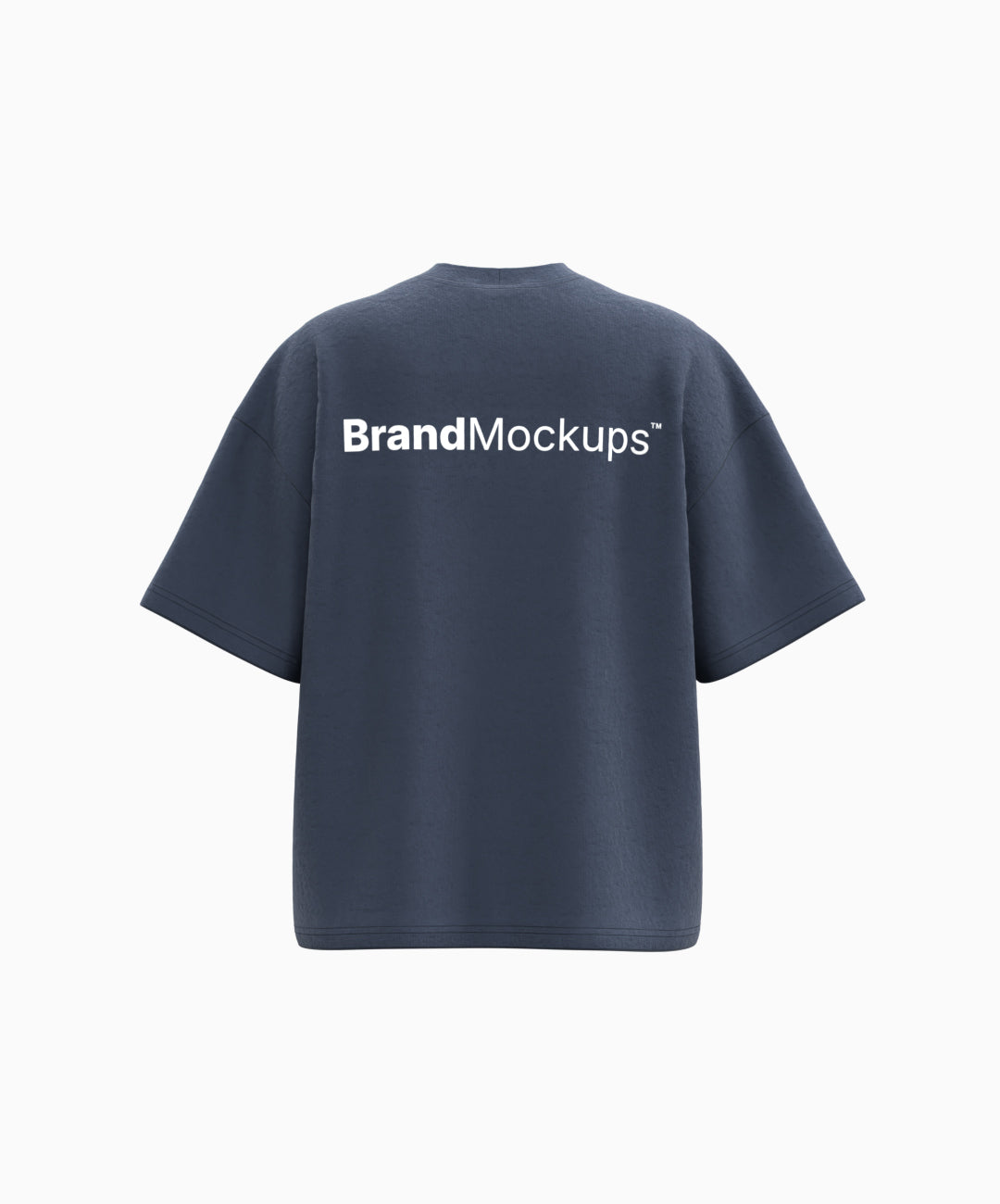 Navy blue t-shirt with 'Brand Mockups' text on the back against a white background