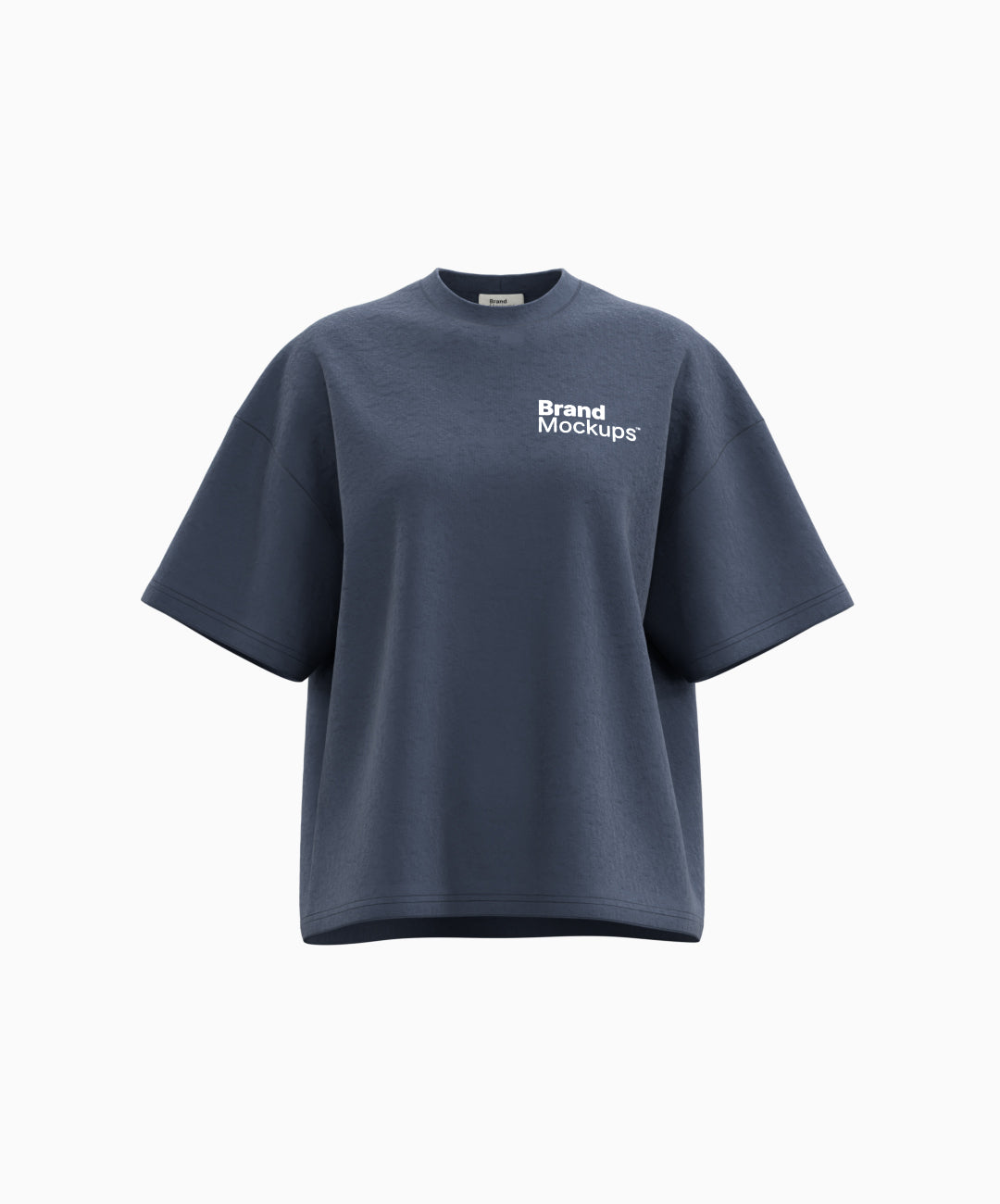 Navy blue t-shirt with 'Brand Mockups' text on a white background