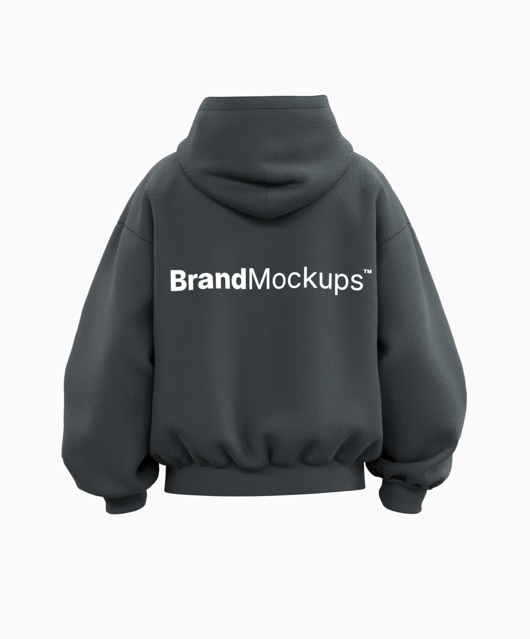 Dark gray hoodie with 'Brand Mockups' text on the back against a white background