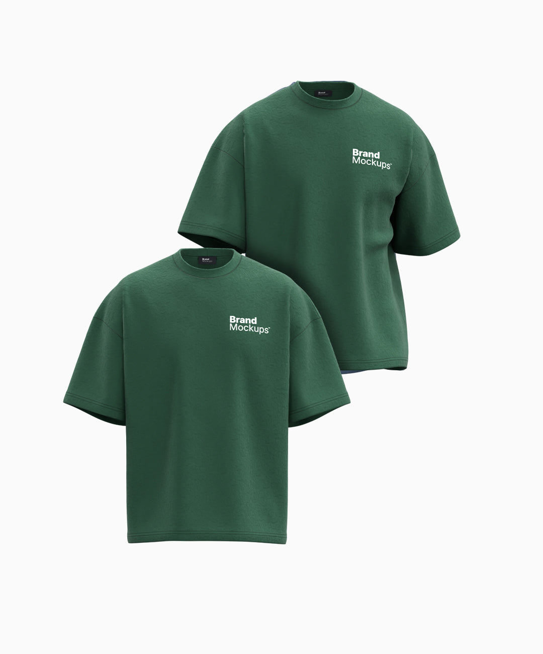 Two green t-shirts with 'Brand Mockups' text on a white background