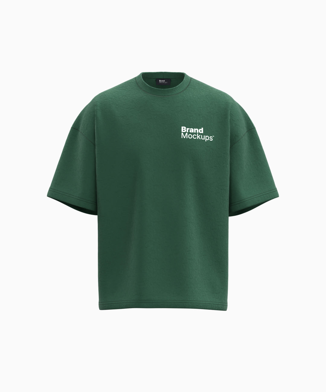 Green t-shirt with 'Brand Mockups' text on a white background
