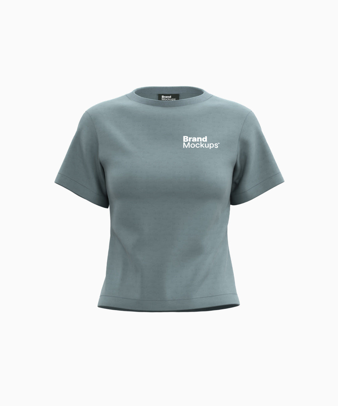 Gray t-shirt with 'Brand Mockups' text on a white background