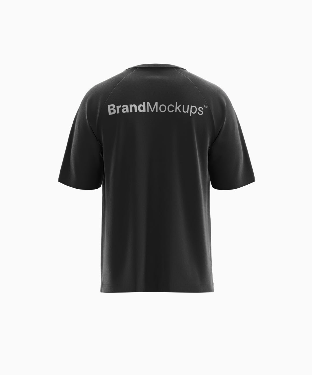 Black t-shirt with 'Brand Mockups' text on the back against a white background