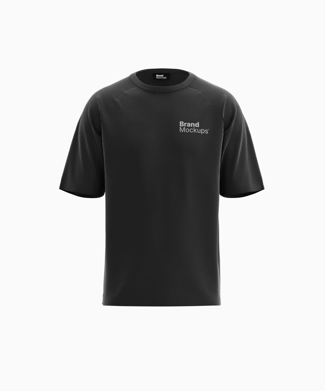 Black t-shirt with 'Brand Mockups' text on a white background