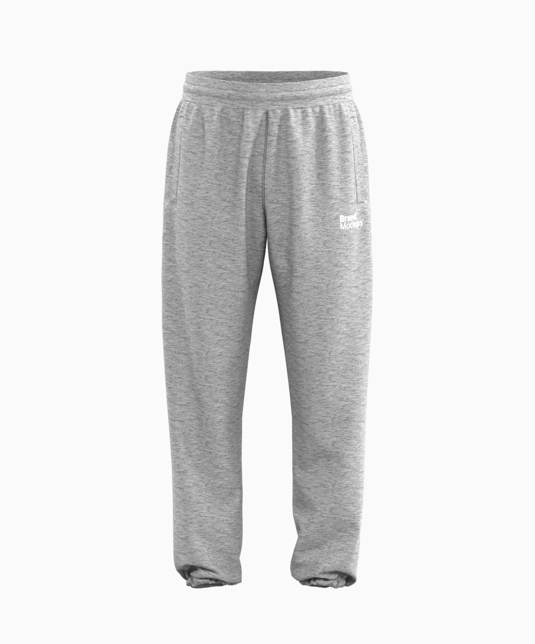Gray sweatpants with a small white logo on a white background