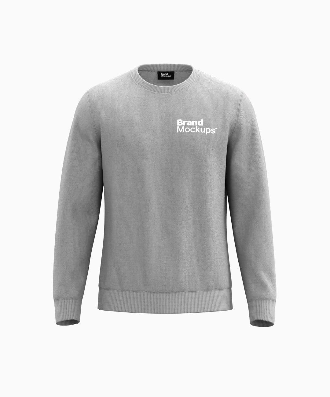 Gray sweater with 'Brand Mockups' text on a white background