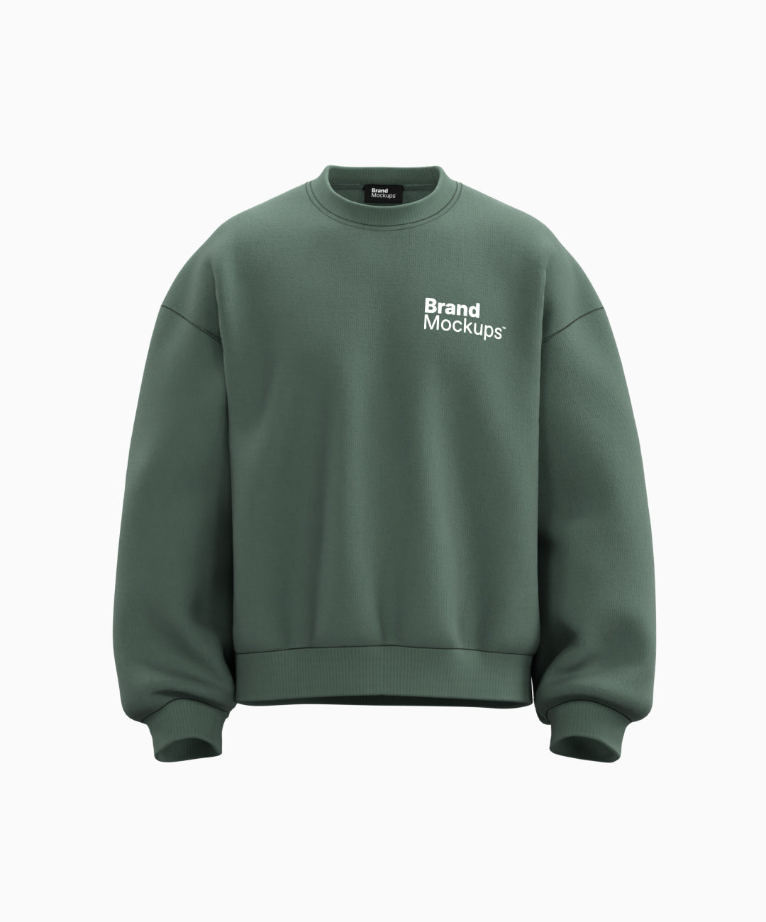Green sweatshirt with 'Brand Mockups' text on a white background