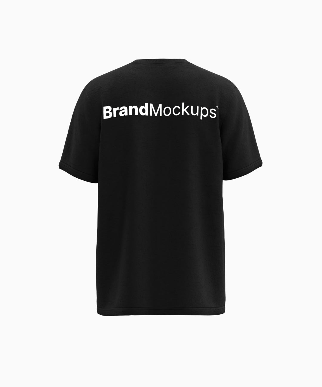 Black t-shirt with 'Brand Mockups' text on the back against a white background