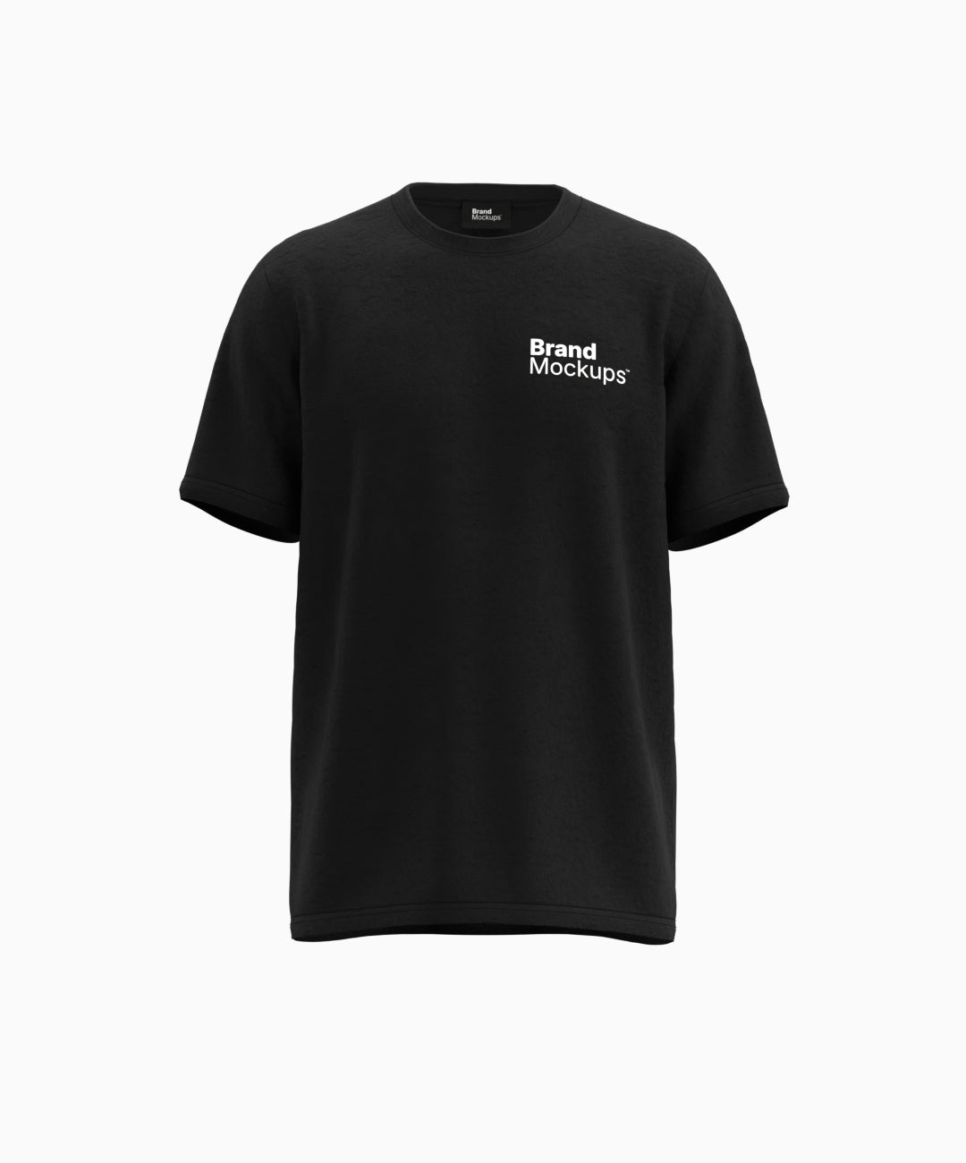 Black t-shirt with 'Brand Mockups' text on a white background