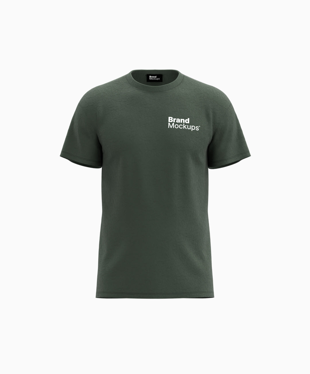 Green t-shirt with 'Brand Mockups' text on a white background