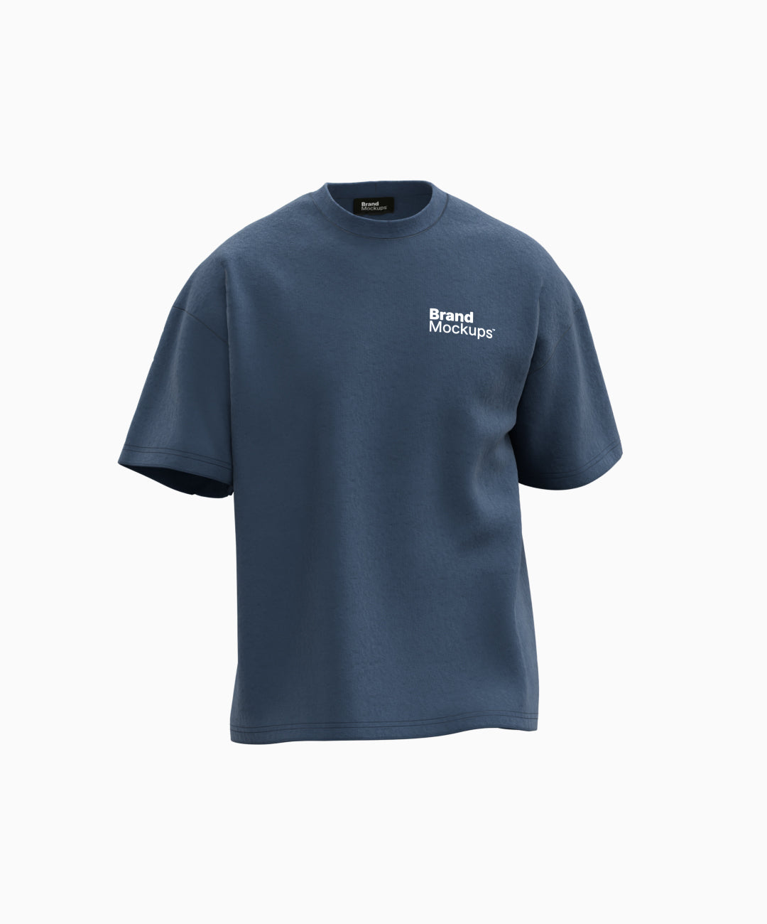 Navy blue t-shirt with 'Brand Mockups' text on a white background