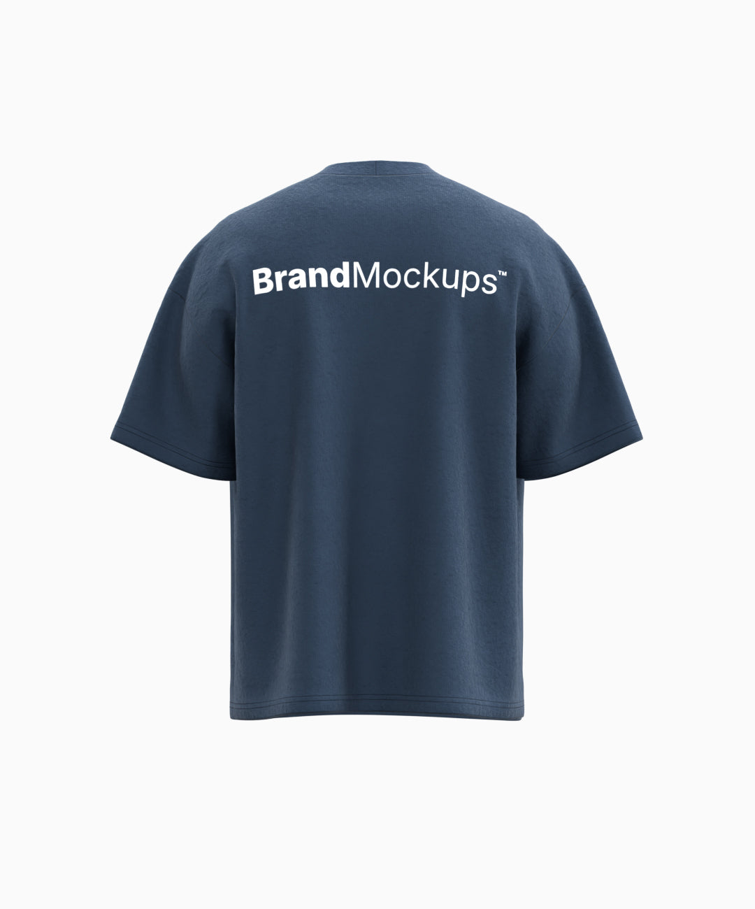 Navy blue t-shirt with 'Brand Mockups' text on the back against a white background