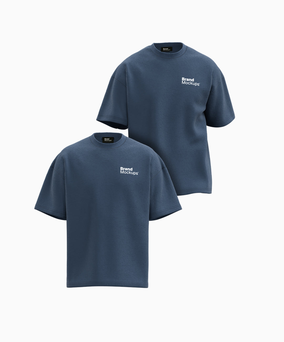 Two navy blue t-shirts with 'Brand Mockup' text on a white background