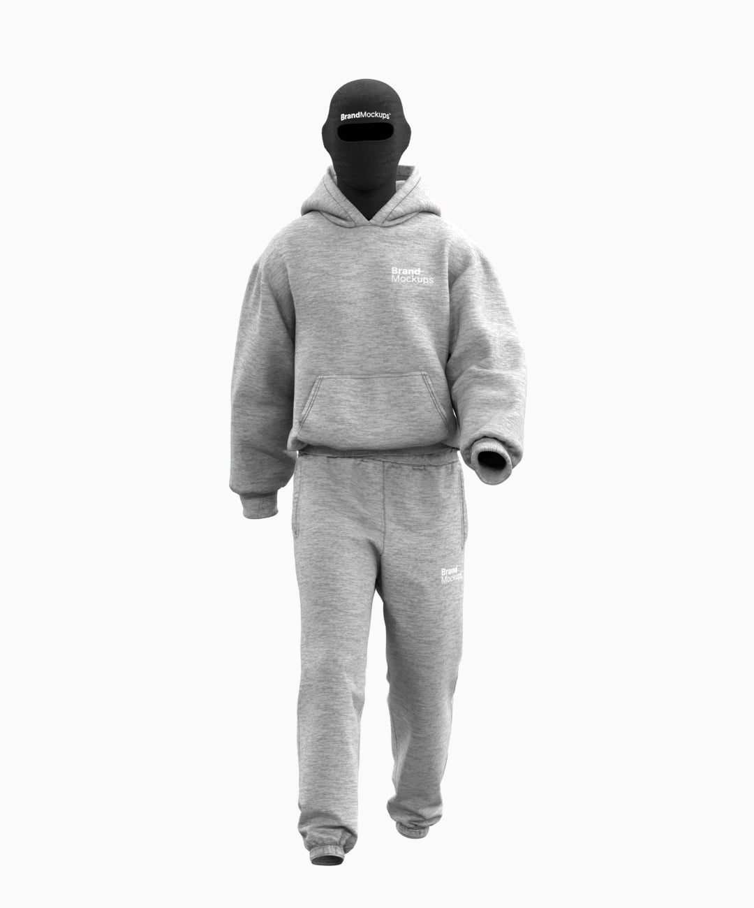 Gray hoodie and pants set with a black mask on a white background