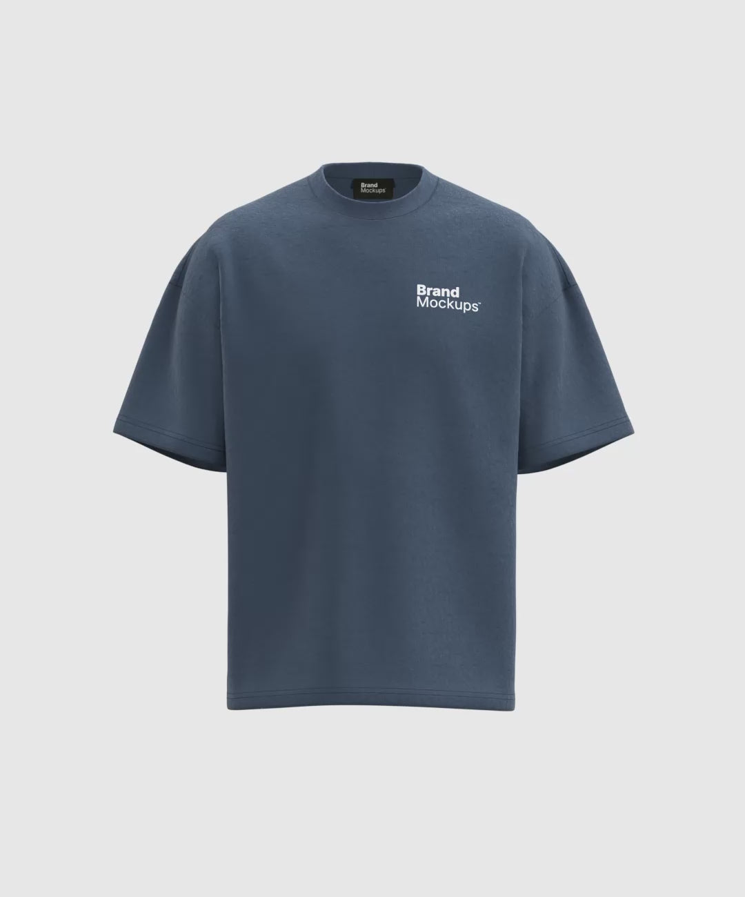 Load video: Rotating navy blue t-shirt with 'Brand Mockups' text on a white background