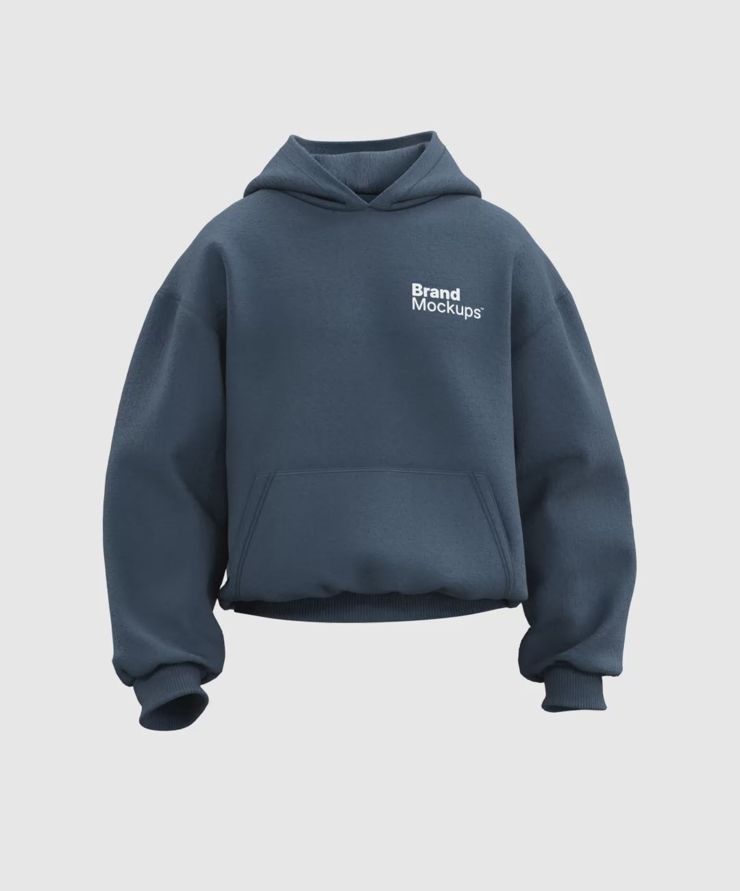 Load video: Navy blue hoodie walking animation with 'Brand Mockups' text on a white background