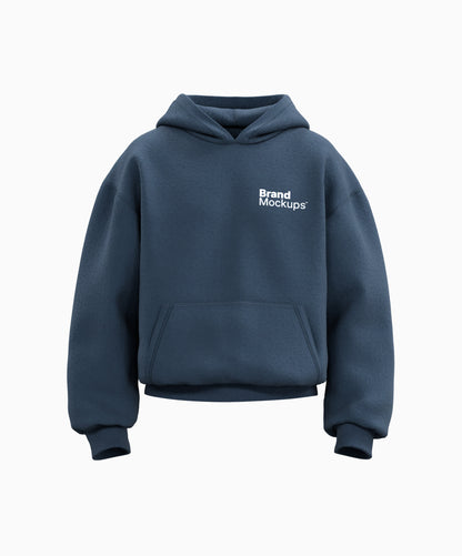 Navy blue hoodie with 'Brand Mockups' text on a white background