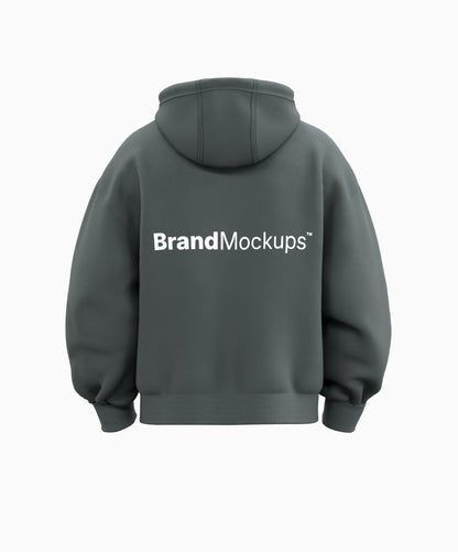 Gray hoodie with 'Brand Mockups' text on the back against a white background