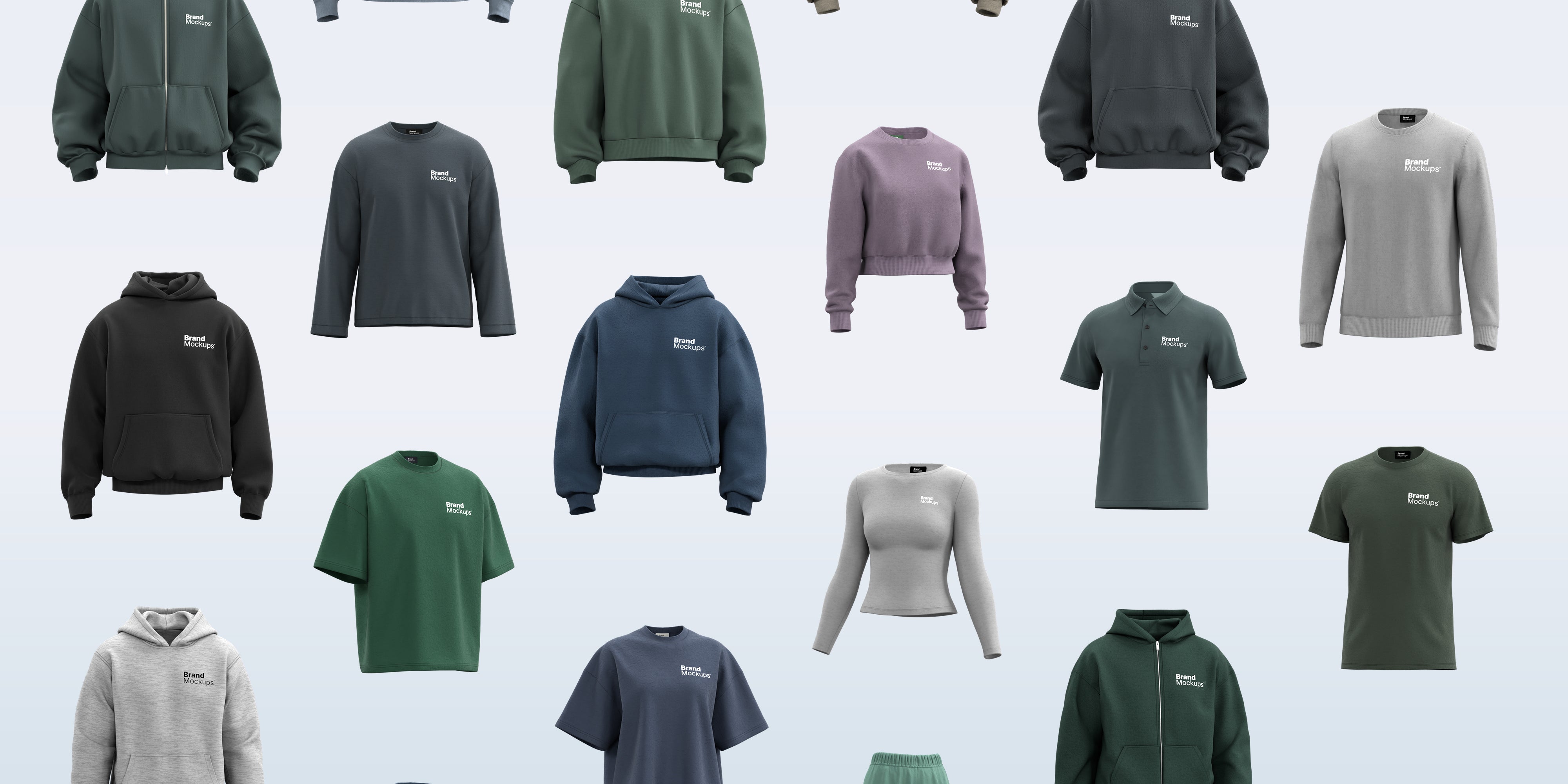 Collection of various hoodies and t-shirts on a light gray background
