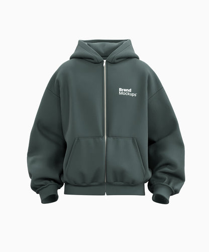 Green hoodie with 'Brand Mockups' text on a white background