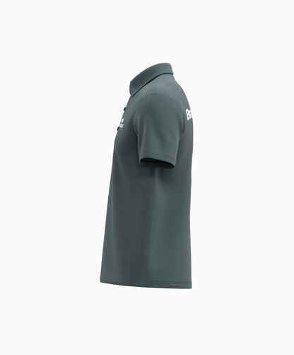 Dark green polo shirt with a brand logo on a white background