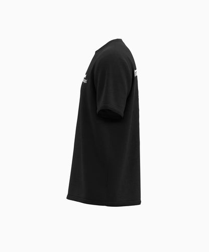 Black t-shirt with white text on a white background