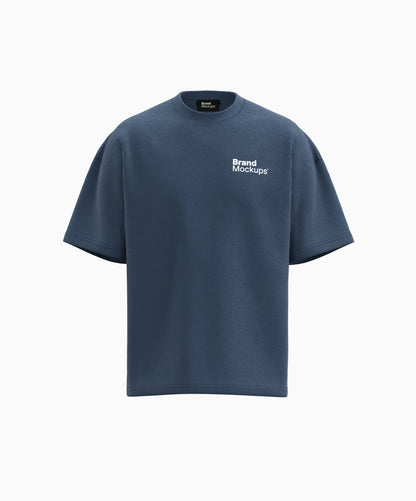 Navy blue t-shirt with 'Brand Mockups' text on a white background