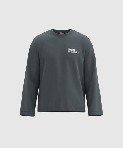 Rotating gray long-sleeve shirt with 'Brand Mockups' text on a white background
