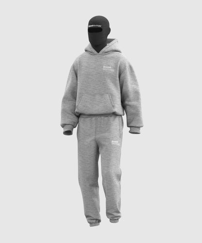 Walking animated gray hoodie and pants set with a black mask on a white background