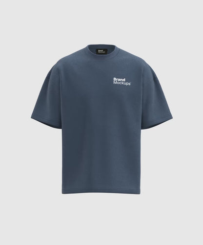 Rotating navy blue t-shirt with 'Brand Mockups' text on a white background