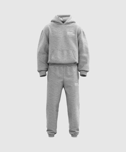 Rotating gray hoodie and pants set on a white background