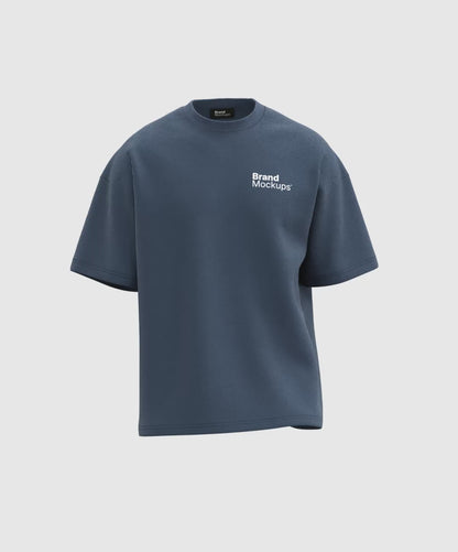 Walking animated navy blue t-shirt with 'Brand Mockups' text on a white background