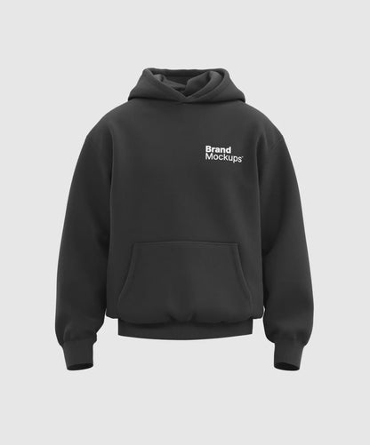 Rotating black hoodie with 'Brand Mockups' text on a white background