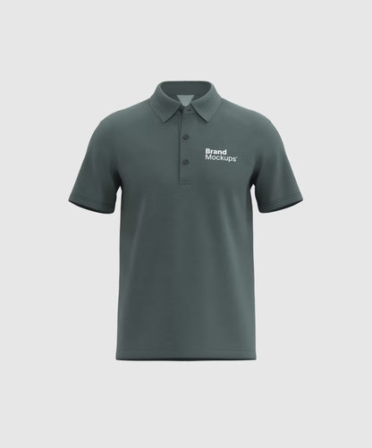 Rotating green polo shirt with 'Brand Mockups' logo on the back against a white background