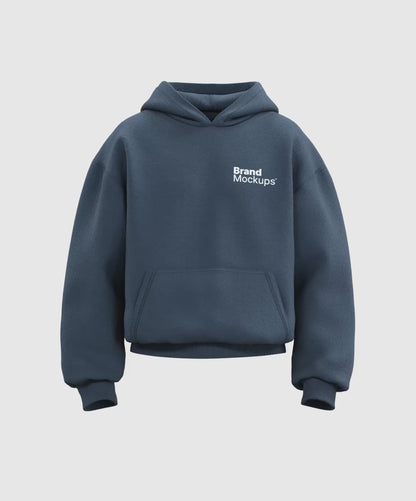 Navy blue rotating hoodie with 'Brand Mockups' text on a white background