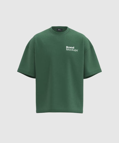 Rotating green t-shirt with 'Brand Mockups' text on a white background